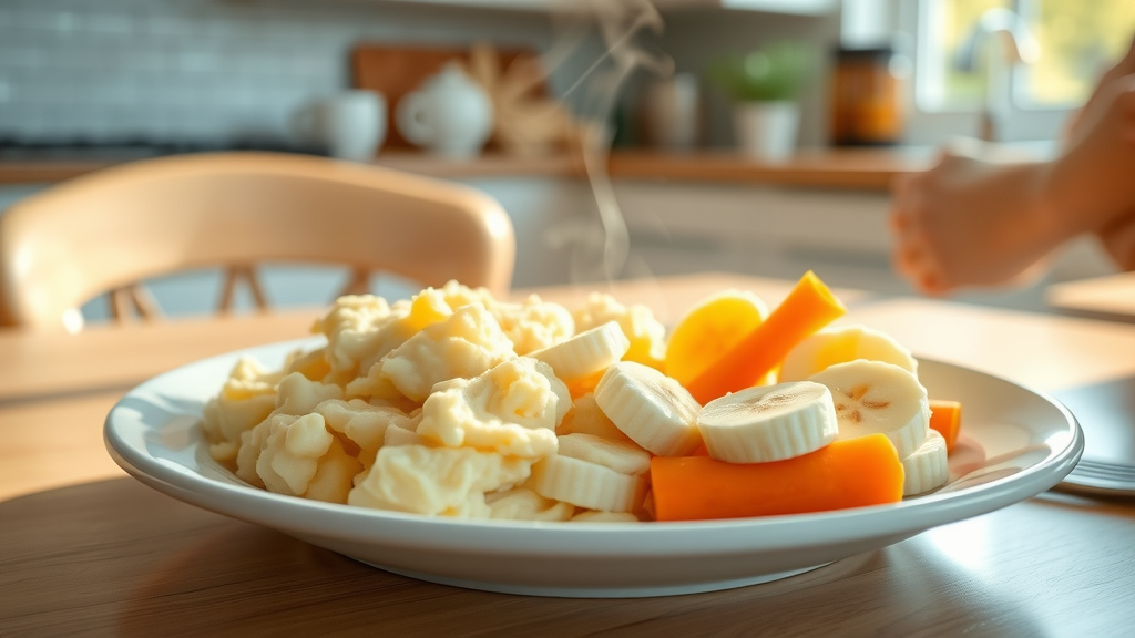 Breakfast plate of soft foods for braces like scrambled eggs, mashed potatoes, banana, and steamed carrots