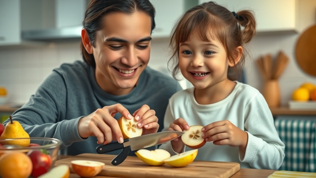Parent and child with braces cutting apples and pears into smaller pieces for safe snacking