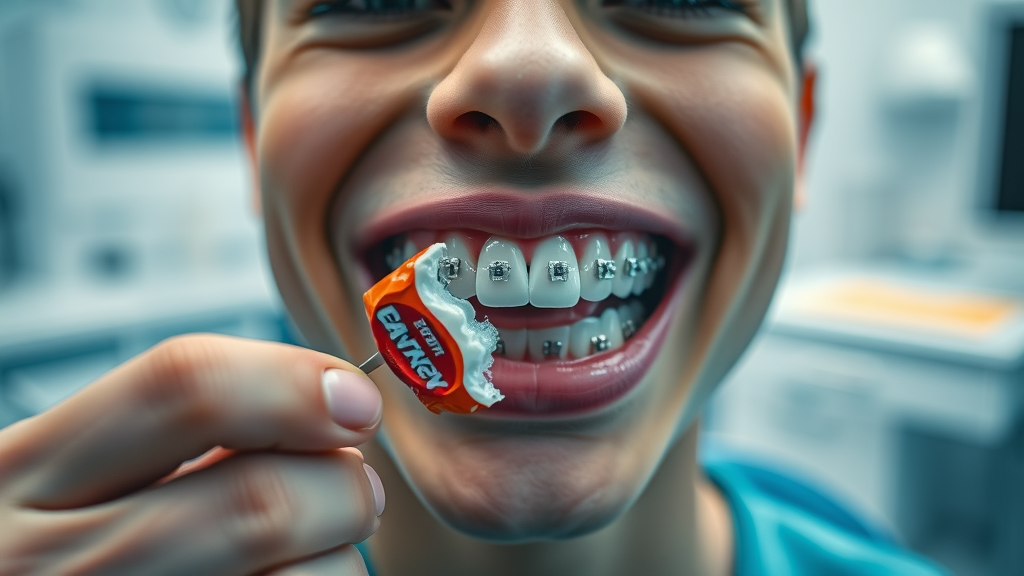 Close-up of broken bracket from biting hard candy, risk of hardest foods with braces