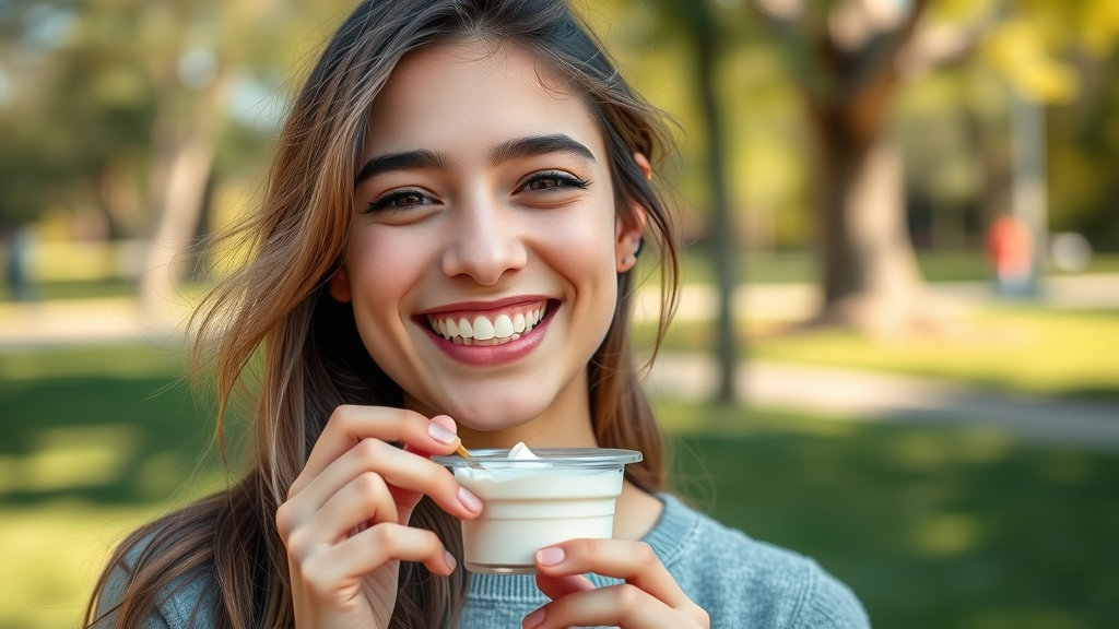 Young adult with braces smiling, holding yogurt as a healthy soft snack for braces