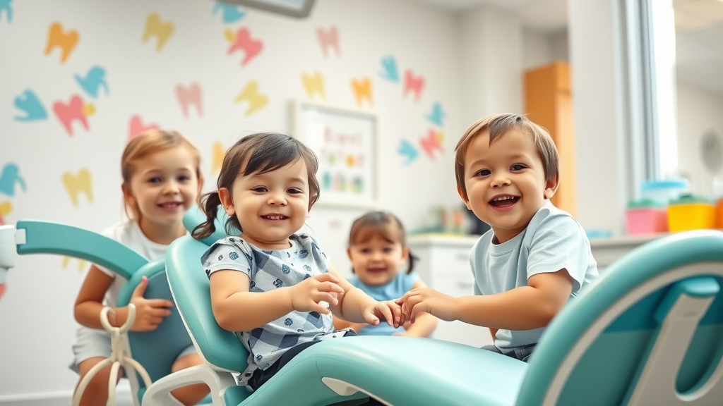Bright, cheerful pediatric dental office, children playing with dental-themed toys, Grand Strand orthodontist
