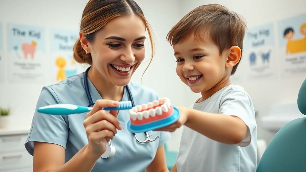 Dental hygienist demonstrating brushing, dental hygiene, Myrtle Beach pediatric dentist, child-friendly clinic