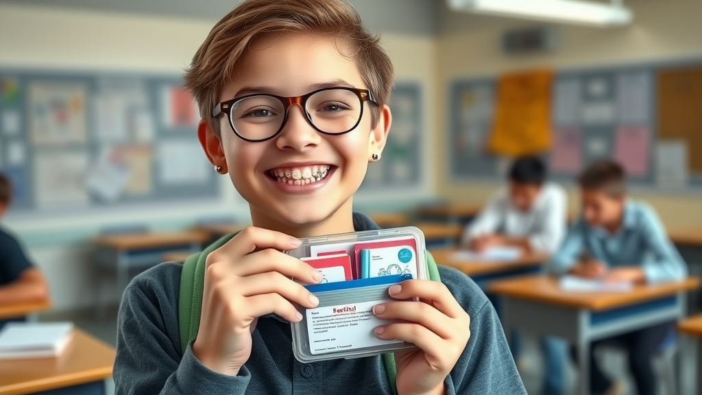 Student holding Georgetown, SC braces kit in classroom, braces survival kit for school