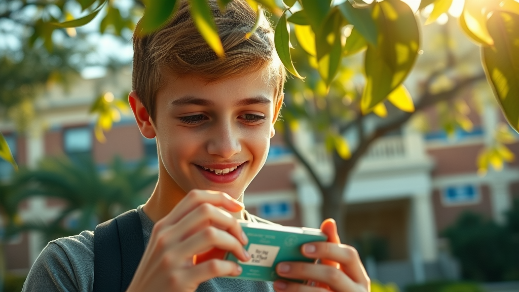 Teenager checks Georgetown braces kit outdoors in humid South Carolina weather near school