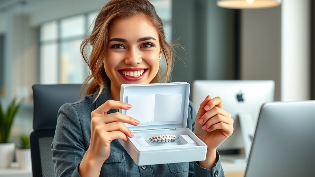 Smiling young professional shares well-organized braces care kit at office desk, braces survival kit for work