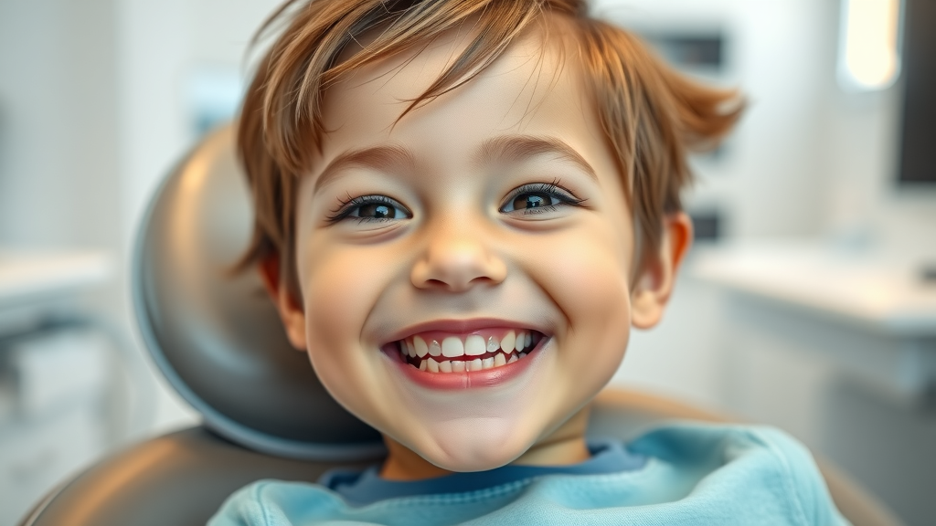 Cheerful child sitting in a pediatric dental chair, healthy smile visible, bright modern office. when baby teeth signal a trip to the orthodontist.