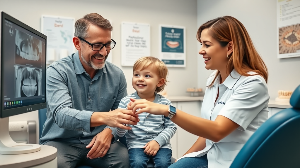 Caring orthodontist consulting with parents and young child, pointing to dental x-rays, orthodontic evaluation georgetown sc, early treatment.