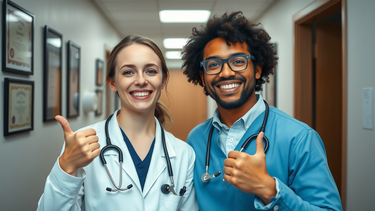 Pediatric dentist and orthodontist shaking hands, collaborative dental care georgetown sc, professional dental hallway background.