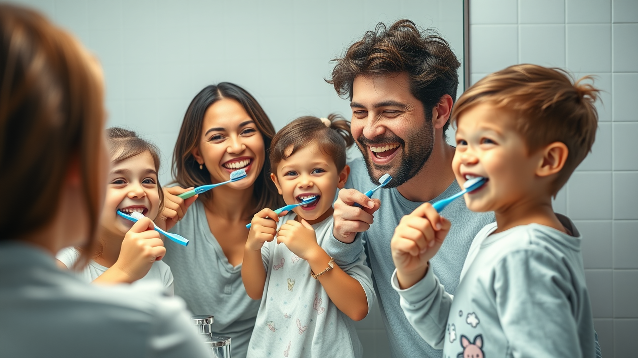 Happy Georgetown family brushing teeth together, healthy dental habits, beautiful smile, oral health georgetown sc.