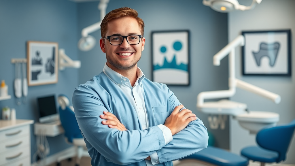 Confident Georgetown, SC orthodontist in modern clinic, beautiful smile, state-of-the-art dental care.