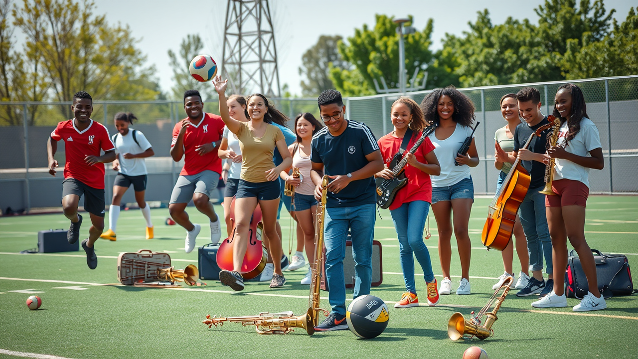 Young athletes and musicians with braces and aligners preparing for sports and music practice, outdoor sports field, vibrant natural daylight, sports, music, and lifestyle: braces vs. aligners for active patients