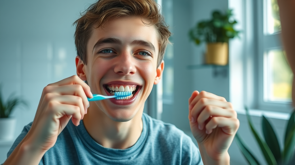 Teenager with traditional braces carefully brushing teeth, orthodontic treatment, bright modern bathroom with natural light