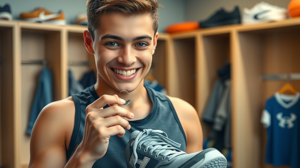 Teen athlete with Invisalign clear aligner, lacing running shoes, ready for practice, sports, music, and lifestyle: braces vs. aligners for active patients