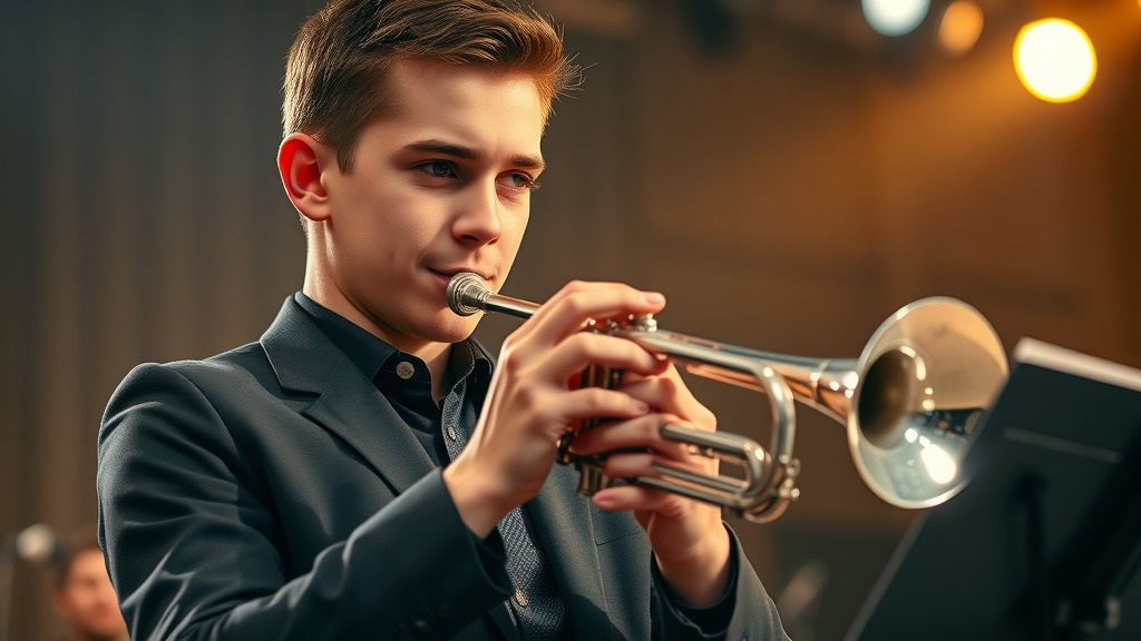 Young musician playing trumpet while wearing a clear aligner, relaxed and focused, stage environment, orthodontic appliance