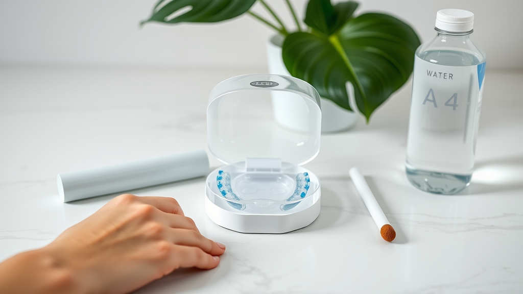 Clear aligner, cleaning kit, and water bottle on white marble, ready for oral hygiene, orthodontic treatment, active lifestyle
