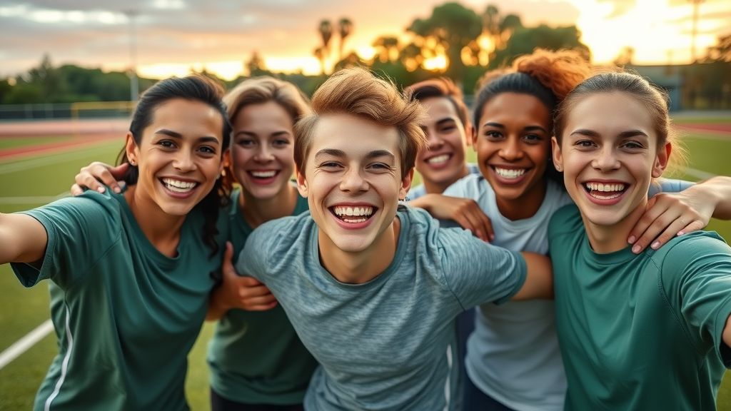 Diverse group of smiling orthodontic patients, friends taking a group selfie after sports practice, sports, music, and lifestyle: braces vs. aligners for active patients
