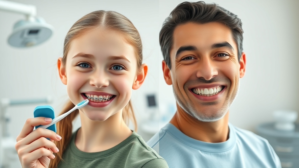 Smiling teen with clear aligners and adult with traditional metal braces in bright dental office, both demonstrating strong maintenance and hygiene