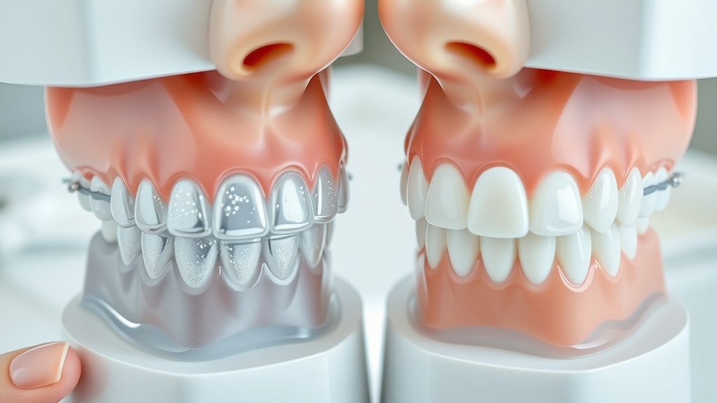 Close-up of clear aligner beside traditional metal braces on dental models, showing design and transparency differences