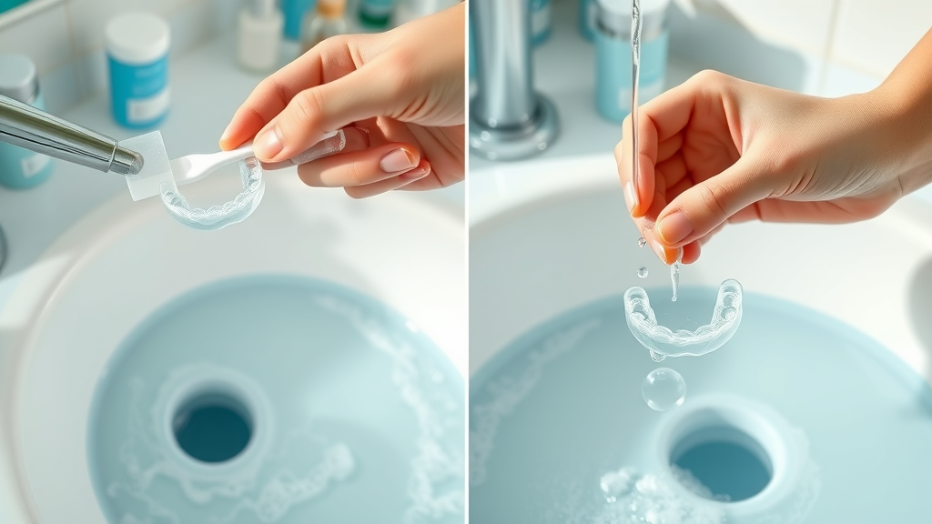 Stepwise sequence of cleaning clear aligners: removing from mouth, gentle brushing, soaking, and placement in cleaning solution