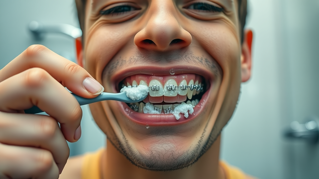 Person brushing teeth with traditional metal braces, toothbrush angled carefully along brackets, bathroom setting