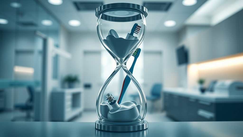 Conceptual timeline of aligners and braces inside an hourglass, symbolizing treatment duration and maintenance time