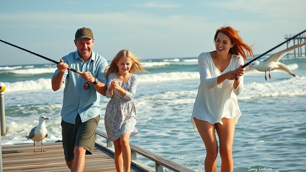 Young adult confidently holding clear Invisalign aligners at Myrtle Beach with gentle waves and sandy pier background.
