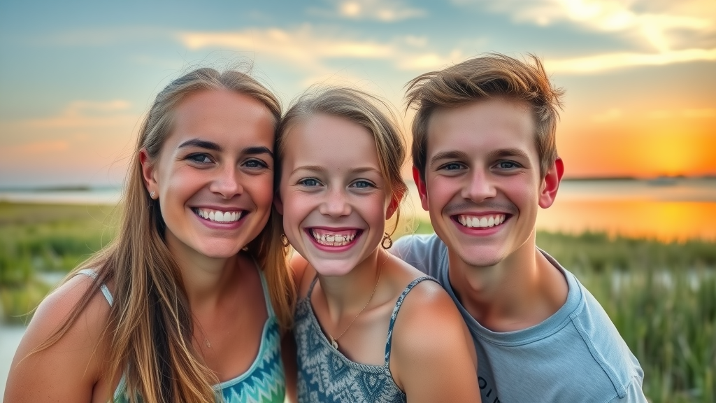 Smiling local family with visible braces at Pawleys Island beach, iconic marsh and sea grass at sunset.