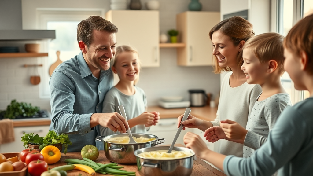 Family preparing soft foods for braces the first week in a bright kitchen
