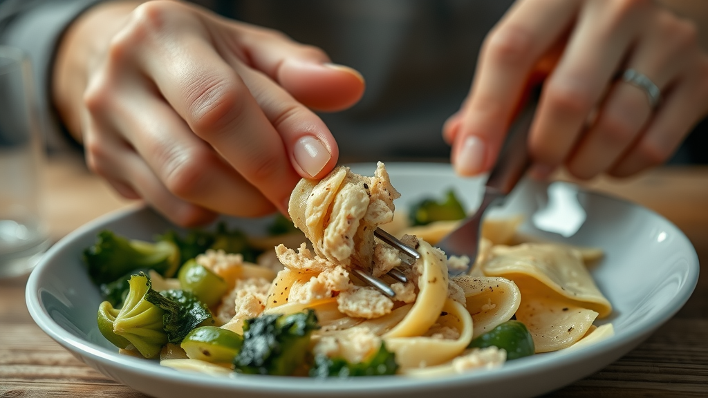 Close-up of hands cutting soft food into small pieces for eating with braces the first week