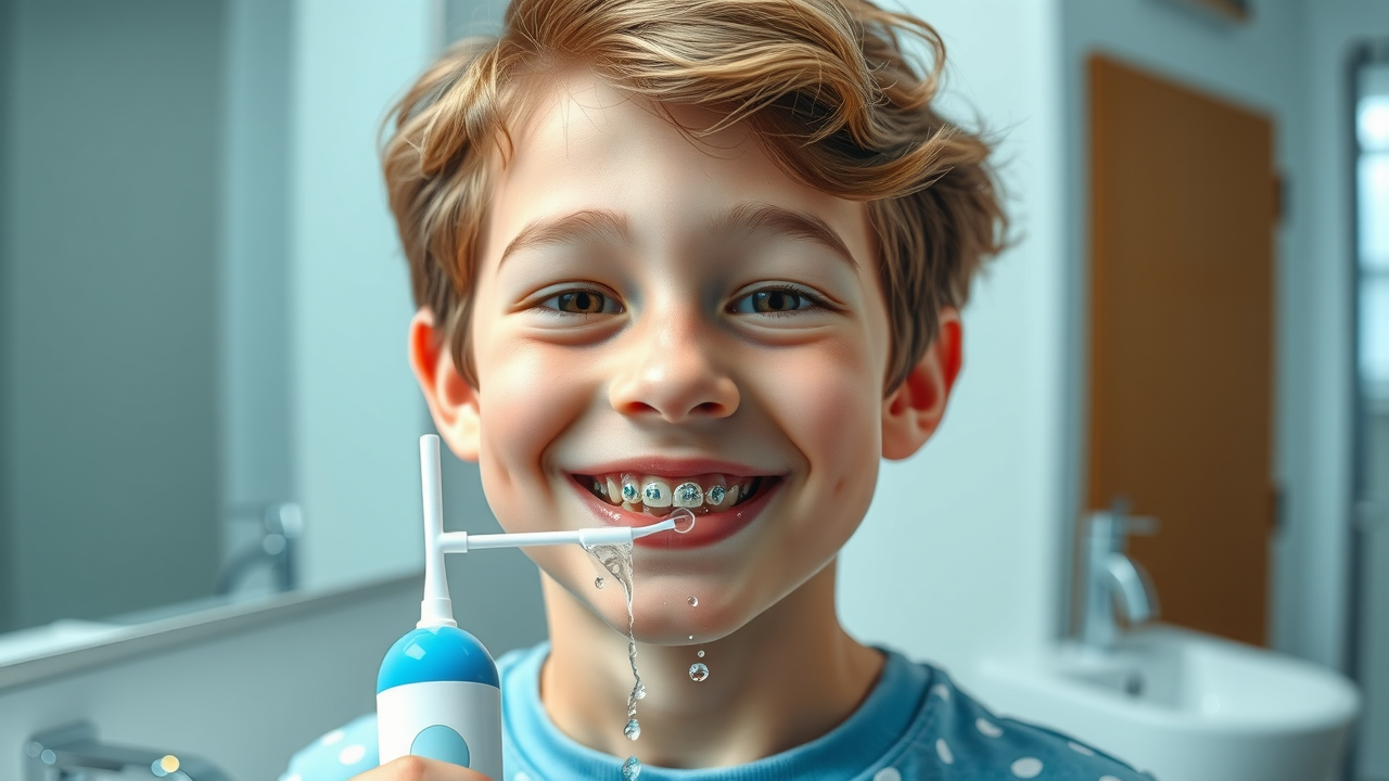 Teen with braces using a water flosser for good oral hygiene with braces the first week