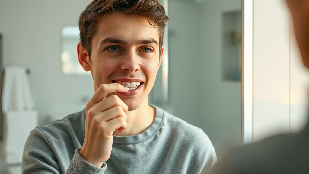 Long-term results: do braces or aligners last longer - patient carefully placing clear retainer for post-treatment dental care