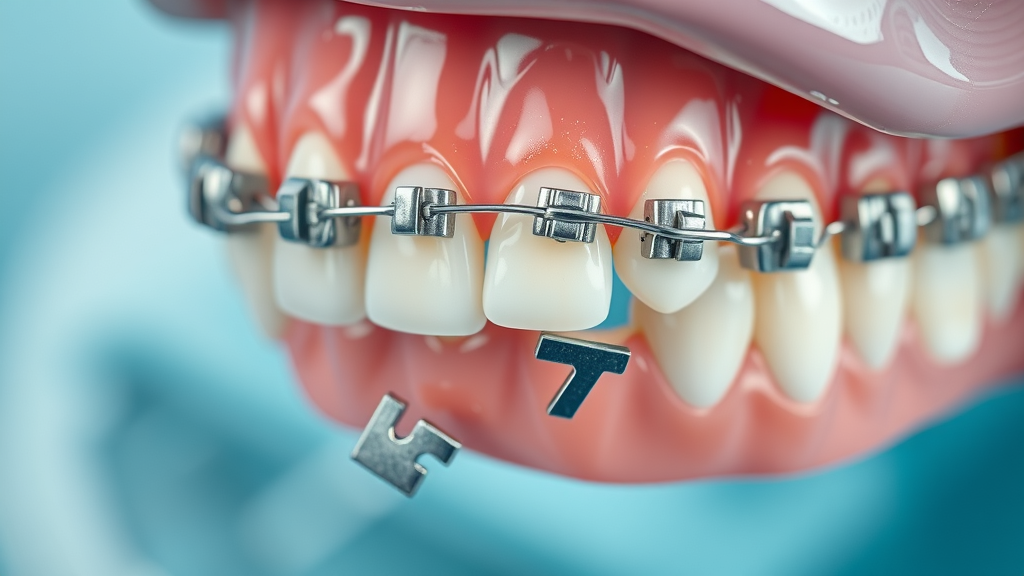 detailed close-up of orthodontic braces with a broken bracket, visible metal displacement, dental emergency
