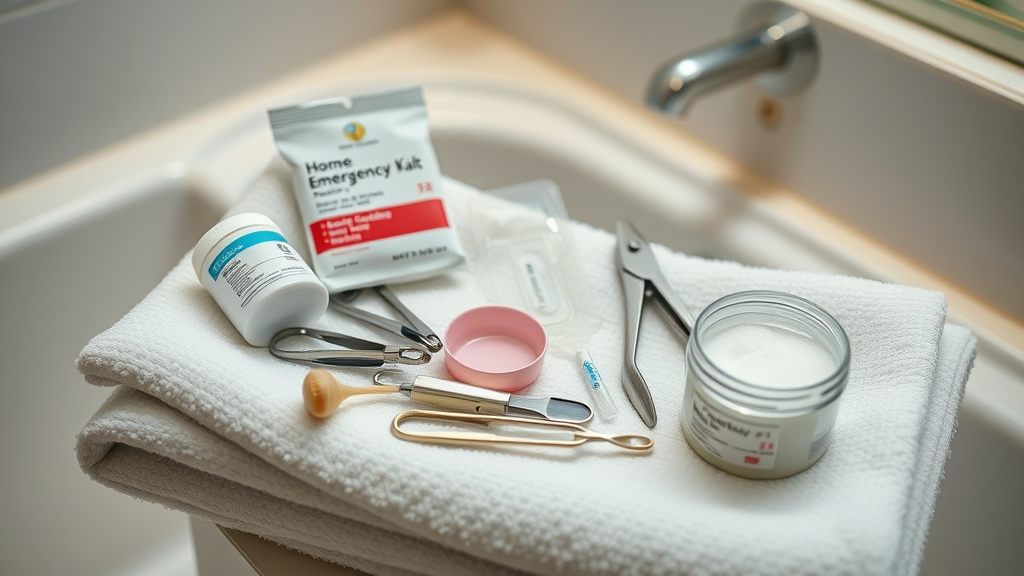 well-organized home dental emergency kit with orthodontic wax, tweezers, nail clippers, dental mirror, and salt container for braces emergencies
