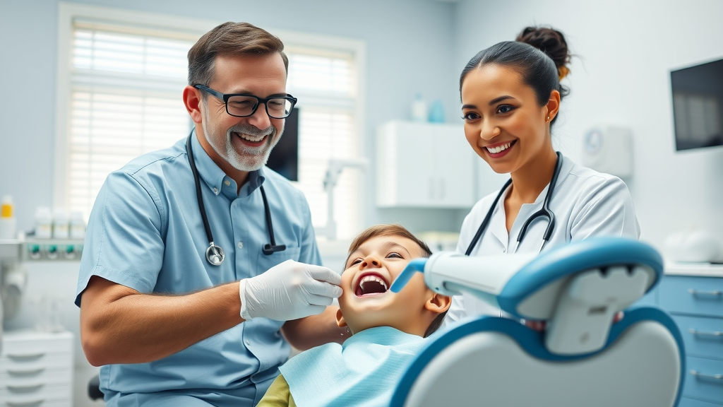 frontline dental team of orthodontist and smiling assistant, confidently interacting with a young patient in Conway, SC dental office