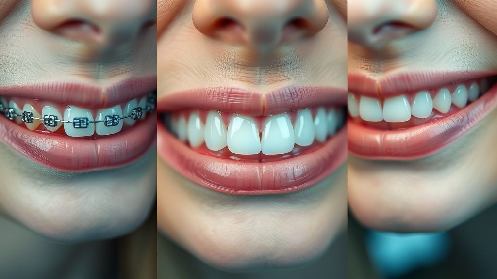 Close-up mouth showing metal braces, ceramic braces, and clear aligners for top questions patients ask about braces vs. aligners