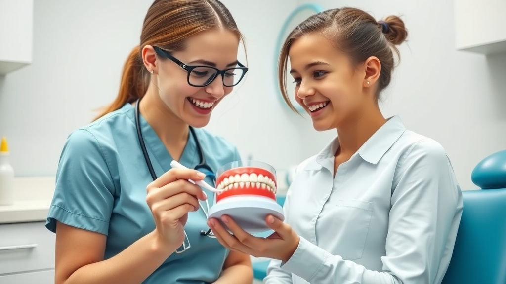 Dental hygienist teaching teen how to brush correctly with braces for best oral hygiene during orthodontic treatment