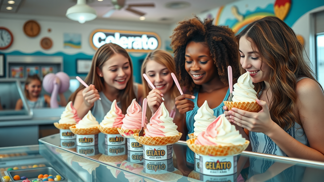 creamy gelato and soft-serve ice cream, safe snacks for braces, Myrtle Beach parlor, happy teens, vivid ice cream counter, coastal décor, pastel colors