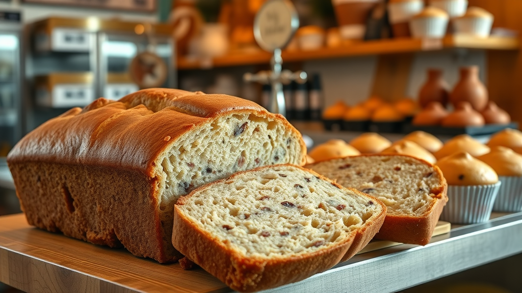soft banana bread and muffins, braces safe baked snacks, delicious aroma, Myrtle Beach bakery, rustic interior, golden morning light
