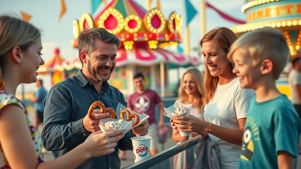 soft pretzels and Dippin’ Dots, braces safe snacks at Myrtle Beach amusement park, laughing families, bright carnival atmosphere, colorful rides