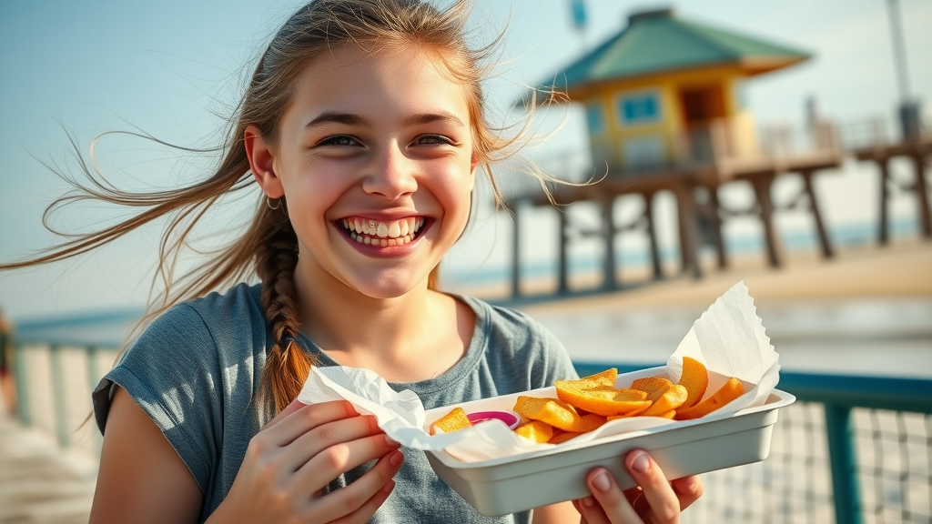excited teen with braces smiling, healthy snack tray, safe snack choices for braces in Myrtle Beach, bright outdoor scene with pier in background