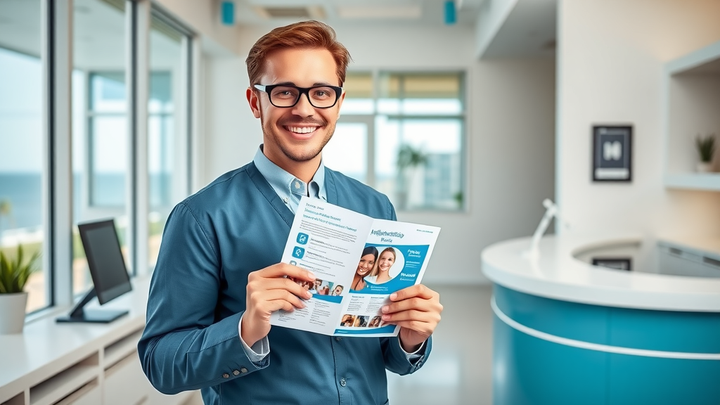 friendly local orthodontist with subscription brochure, inviting environment, information desk, Myrtle Beach landscape in background