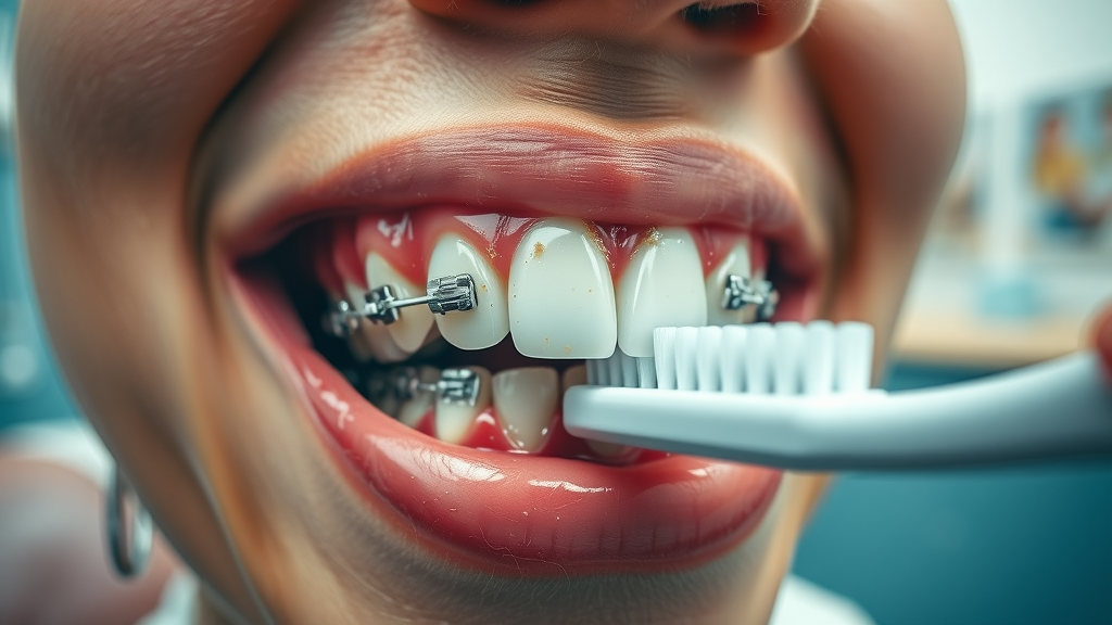 Close-up of teeth with traditional braces being cleaned with a toothbrush in Myrtle Beach.