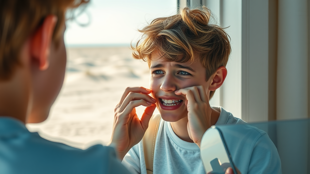 Concerns about braces as Myrtle Beach teen examines reflection, sandy landscape.