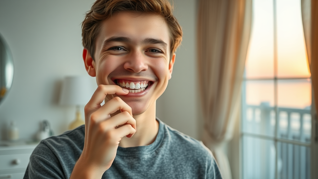 Young adult in Myrtle Beach putting on a clear retainer at sunrise, healthy smile.