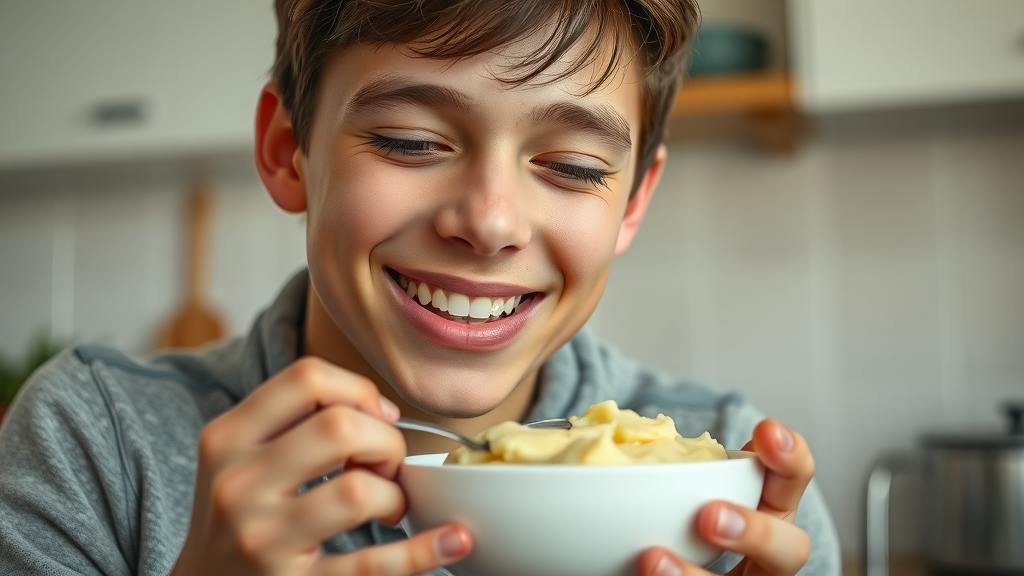 Comforting close-up of a young adult with braces, about to eat a bowl of mashed potatoes and yogurt, showing a cozy kitchen background. Foods to eat with braces when you have pain