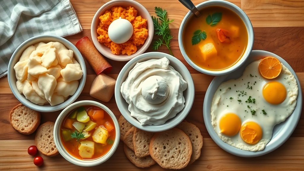 Colorful spread of mashed potatoes, yogurt, ice cream, soup, and scrambled eggs—all soft foods for braces pain on a wooden table