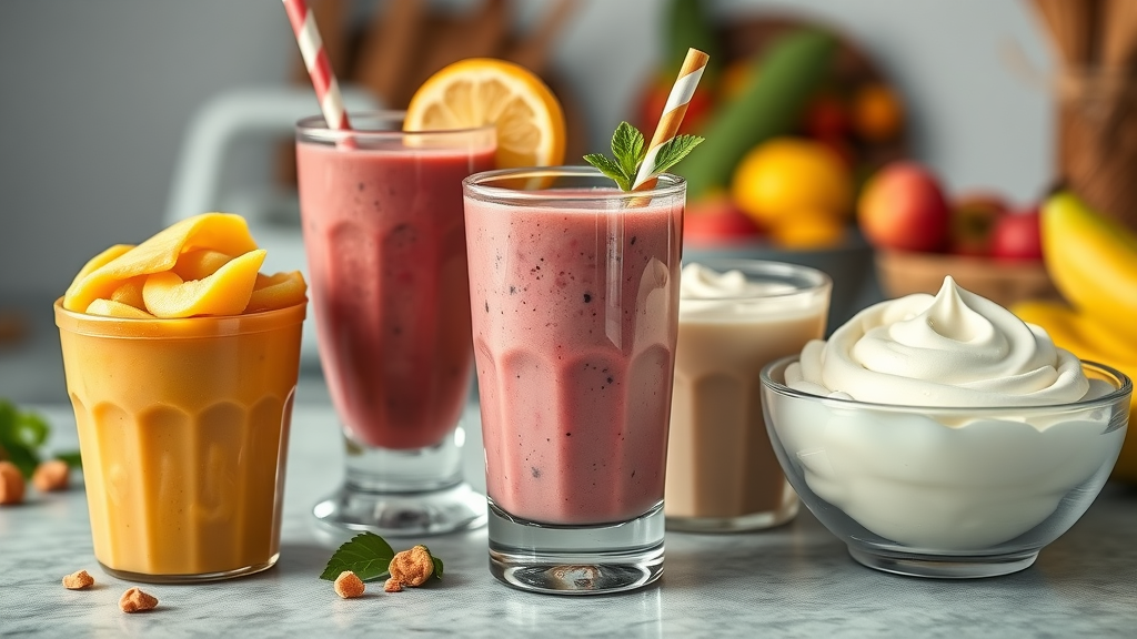 Soft snacks for braces: cups of applesauce, smoothie, pudding, and cottage cheese spread on a kitchen counter, easy to eat with braces