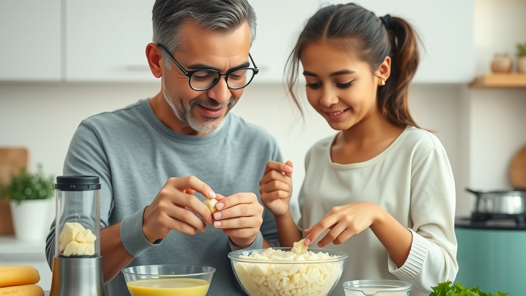 Parent and teen preparing soft foods together in a bright kitchen, illustrating easy meal prep for foods to eat with braces when you have pain