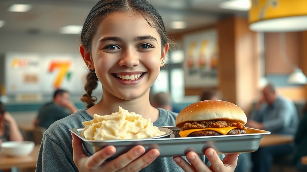 Happy teenager with braces enjoying a tray of soft fast food like mashed potatoes and a burger in a modern fast-food restaurant, what fast food can I eat with braces