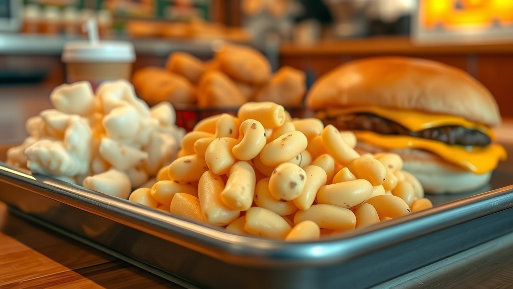 Tray with soft fast food options for braces, including mashed potatoes, macaroni and cheese, boneless chicken nuggets, and a soft cheeseburger, fast food